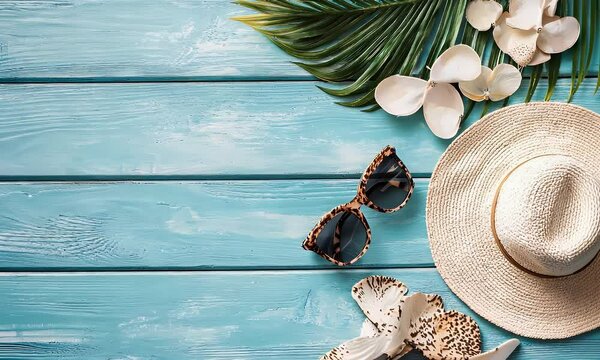 Beach essentials arrangement. Palm leaf, hat, sunglasses, and shells on aged blue wood panel