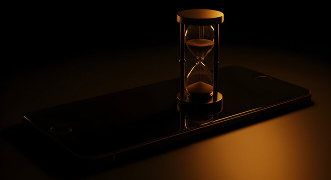 Hourglass on Golden Smartphone in Dark Background Conceptual Still Life
