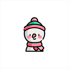Cute snowman wearing a pink scarf and green hat smiles cheerfully against a white backdrop, radiating winter holiday joy.
