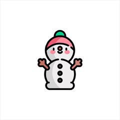 Cute snowman standing cheerfully in snowy winter landscape with pink hat and rosy cheeks, spreading holiday cheer.