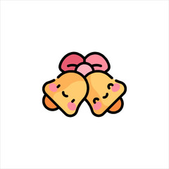 Two cute golden bells ring merrily with a pink bow on white, symbolizing celebration and joy during a festive occasion.