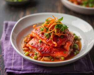 a stunning image of a steamed fish dish, showcasing its vibrant colors and intricate garnishes. The dish should be presented in a white bowl with a purple striped cloth underneath to create an elegant