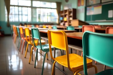 Colorful Classroom Desks and Chairs in School