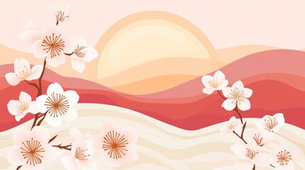 Gentle sunrise over blossoming cherry trees on textured hills.