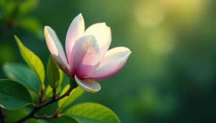 Naklejka premium Soft focus of an ethereal magnolia blossom amidst lush greenery and subtle botanical textures, magnolia, nature