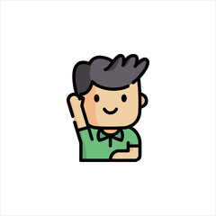 Boy raising his hand in class, eager to answer a question, showcasing his enthusiasm for learning and participation in a bright and colorful style.