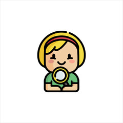 Girl holding magnifying glass looks curiously at something unseen, her blonde hair framing her face in a playful, inquisitive way.