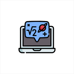 Laptop displays math equation and planet in speech bubble, symbolizing online learning and scientific exploration with playful, educational theme.