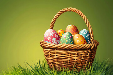 Colorful Easter eggs in a woven basket resting on lush green grass against a vibrant backdrop