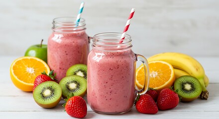 Delicious Fruit Smoothie in Mason Jars with Fresh Strawberries, Kiwi, and Oranges