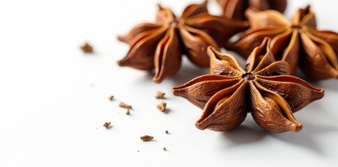 Star anise spice isolated on white background closeup, kitchen, ingredient