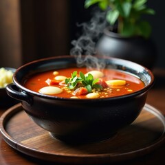 Steaming hot Soup Joumou served from a large cauldron, comforting food, steaming hot