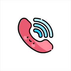 Cute pink telephone receiver ringing with blue sound waves on white backdrop, symbolizing communication and connection.