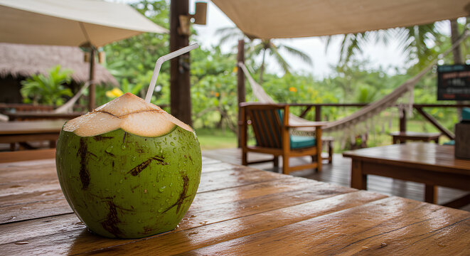 Coco verde com canudo em mesa de madeira molhada, ambiente tropical relaxante com redes e vegeta&ccedil;&atilde;o ao fundo.