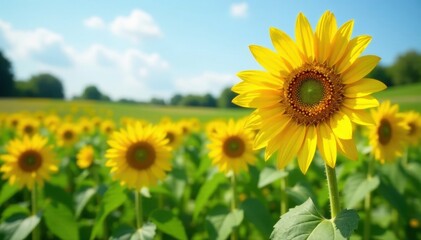 Tall sunflowers with bright yellow petals and dark centers in a lush green field , sunflowers, blooming flowers