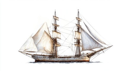 Obraz premium Vintage nautical artwork of the Concepcian, classic lines and shaded sails, isolated on a bright white background