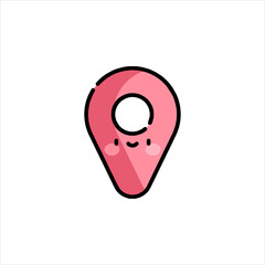 Cute pink location pin smiles cheerfully on a white backdrop, suggesting a friendly and approachable navigation experience.