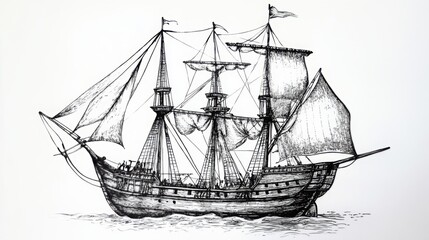 Old-fashioned pen and ink drawing of Magellan's expedition ship Concepcian, simple and elegant on a clean white canvas