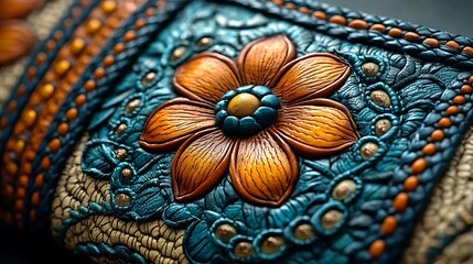 Close-up of intricately designed leatherwork featuring a vibrant flower motif and textured patterns