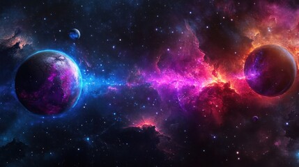 Cosmic expanse with vibrant nebulae and planets