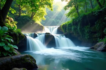 Fototapeta premium turbulent waterfalls in serene jungle setting, green, leaf