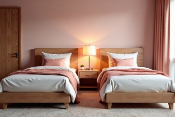 Two single beds placed side by side with a minimalist nightstand between them, bedroom, home