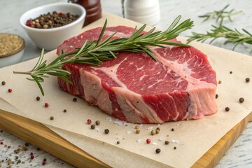 Fototapeta premium Raw Meat With Rosemary and Spices on Wooden Board Generative AI
