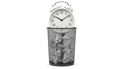 Monochrome Alarm Clock Placed inside a Mesh Trash Can on White Background
