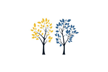 Obraz premium Two trees with yellow and blue leaves on a white background.