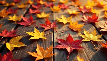 Vibrant fall leaves scattered on wooden floor, harvest display, warm tones