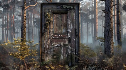 Mysterious forest door covered in moss and vines
