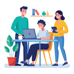 man sitting at his desk working on laptop, with woman standing near him holding phone, designed in flat style vector 
