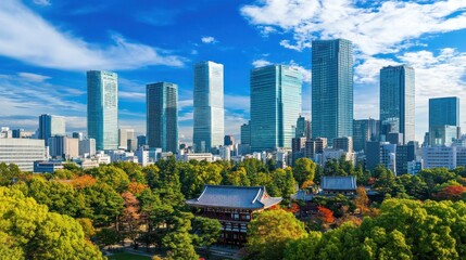 Fototapeta premium Panoramic cityscape of Tokyo, Japan, showcasing modern skyscrapers amidst a lush park and traditional architecture