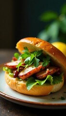 Vietnamese Banh Mi with grilled pork and herbs, grilled pork, meat