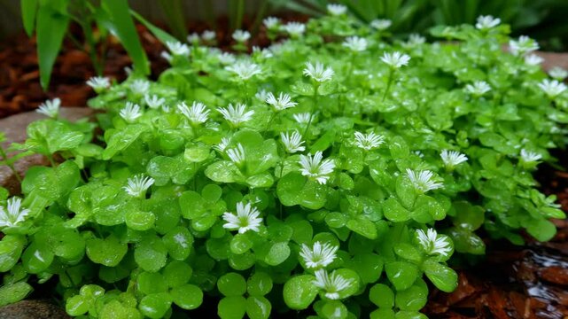 Close-up of flowering chickweed plant with bright green foliage and small white flowers covering the ground