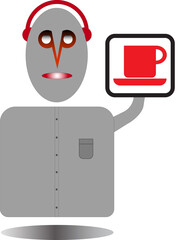 A man wearing headphones is pointing out the nearest cafe