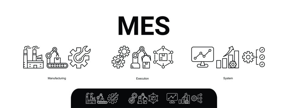 MES concept with icons. Manufacturing execution system. Business banner. Web vector infographic in minimal outline style