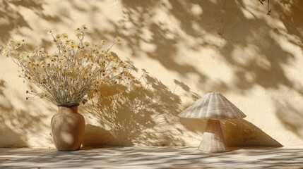 Dried daisies and a woven lamp bask in dappled sunlight against a textured wall