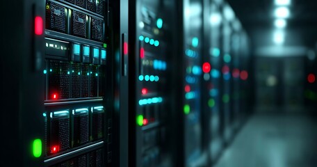 High-Tech Server Room Interior with Multiple Rows of Servers