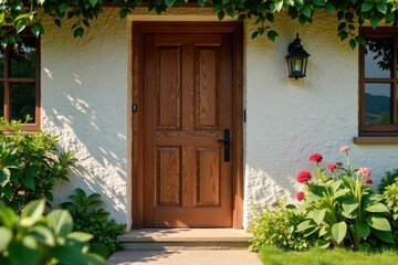 Wooden door with modern hinges and secure lock in a rustic cottage entrance, modern security, brown wood