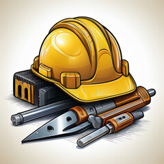 Detailed vector of construction tools and yellow hard hat, metallic textures, clean style, isolated transparent background.2.eps