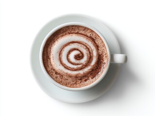 Top view of a creamy hot chocolate with a spiral design on a white cup and saucer against a white background, capturing the cozy and comforting essence of a warm beverage