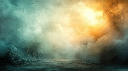 Ethereal landscape with fog rock formations and a glow