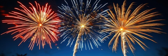 Explosive bursts of red white  gold fireworks paint the night sky