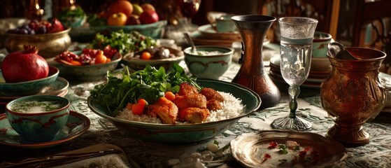 Exquisite still life of traditional Middle Eastern cuisine featuring vibrant colors ornate dishes and a rich cultural aesthetic evoking a sense of abundance and heritage