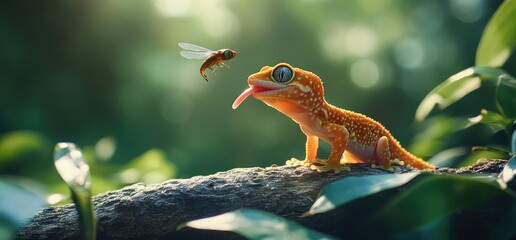 Orange gecko hunting insect in nature scene close up