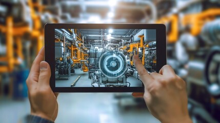 Industrial maintenance using augmented reality on a tablet.  Hands hold a tablet displaying a factory scene with highlighted equipment