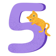 Number 5 png with cat character, transparent background