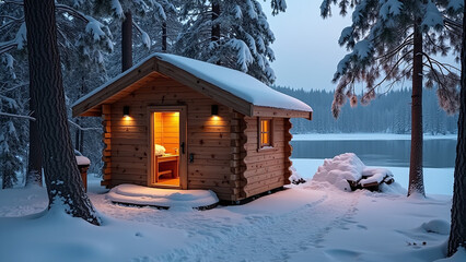 Illuminated Log Cabin in Snowy Winter Landscape