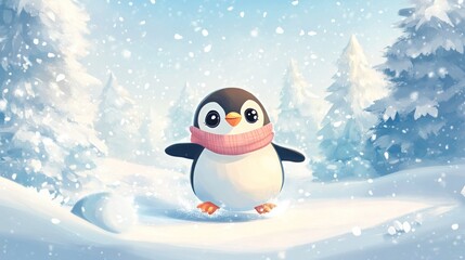 Adorable penguin scurrying through snowy winter wonderland